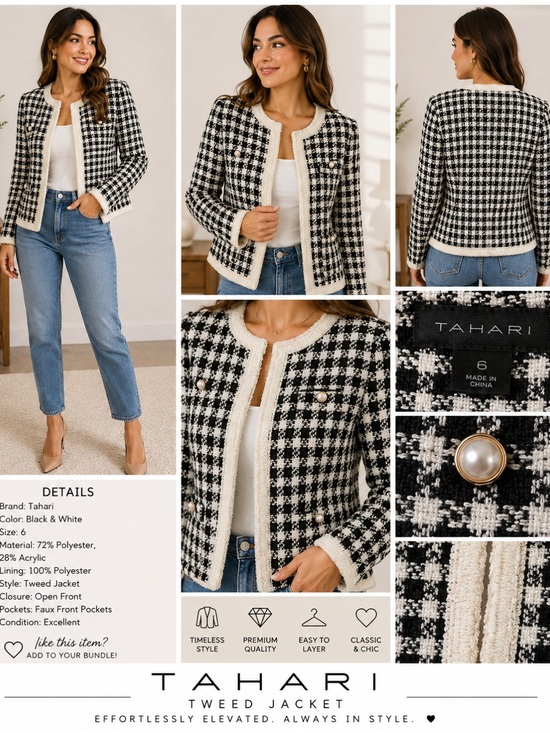 Tahari Jackets & Blazers - Tahari Black and White Houndstooth Tweed Jacket with Pearl Buttons